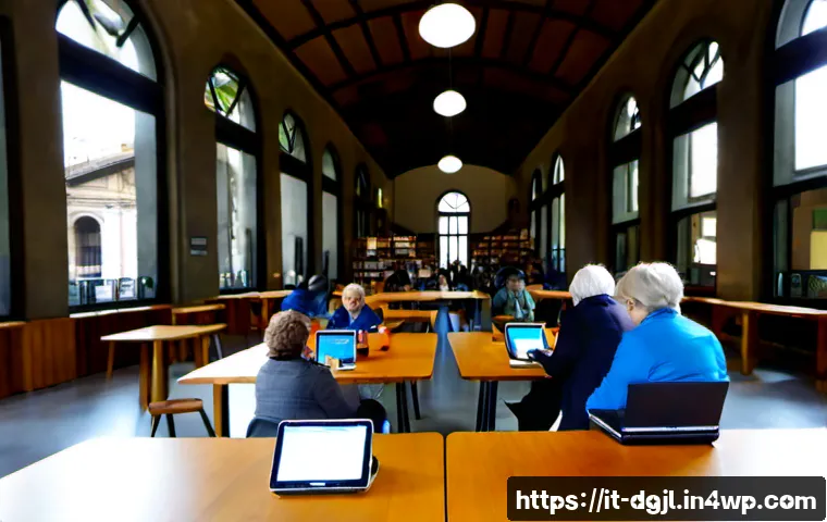 디지털 공유지의 미래 전망 - Photorealistic wide-angle scene of a modern Italian public library in Milan transformed into a digit...